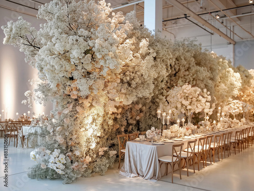 A modern wedding dinner setup features long tables with minimalist decor, surrounded by lush, white floral arrangements and elegant lighting in a spacious venue