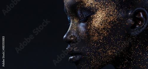 Black skinned woman with gold glitter on her face.