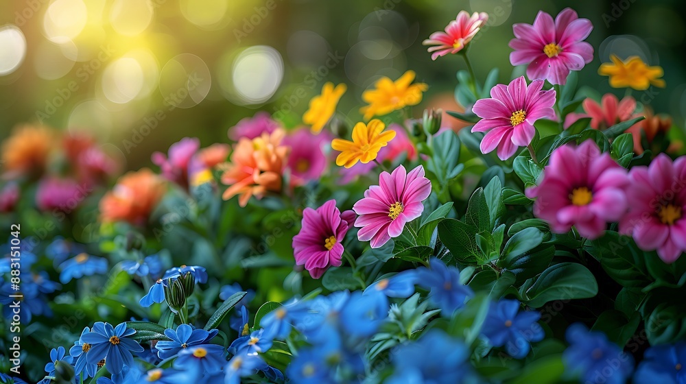 Obraz premium A picturesque flower bed, wide-angle view capturing the colorful blooms in a well-maintained garden. The soft sunlight enhances the vivid colors and textures of the flowers,