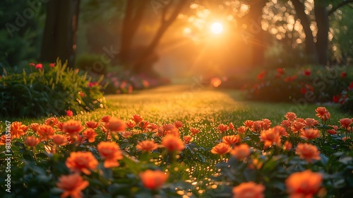 Fototapeta Naklejka Na Ścianę i Meble -  A picturesque garden at sunrise, wide-angle view showing flowers bathed in golden light, dew glistening on leaves, and mist adding a dreamy effect.