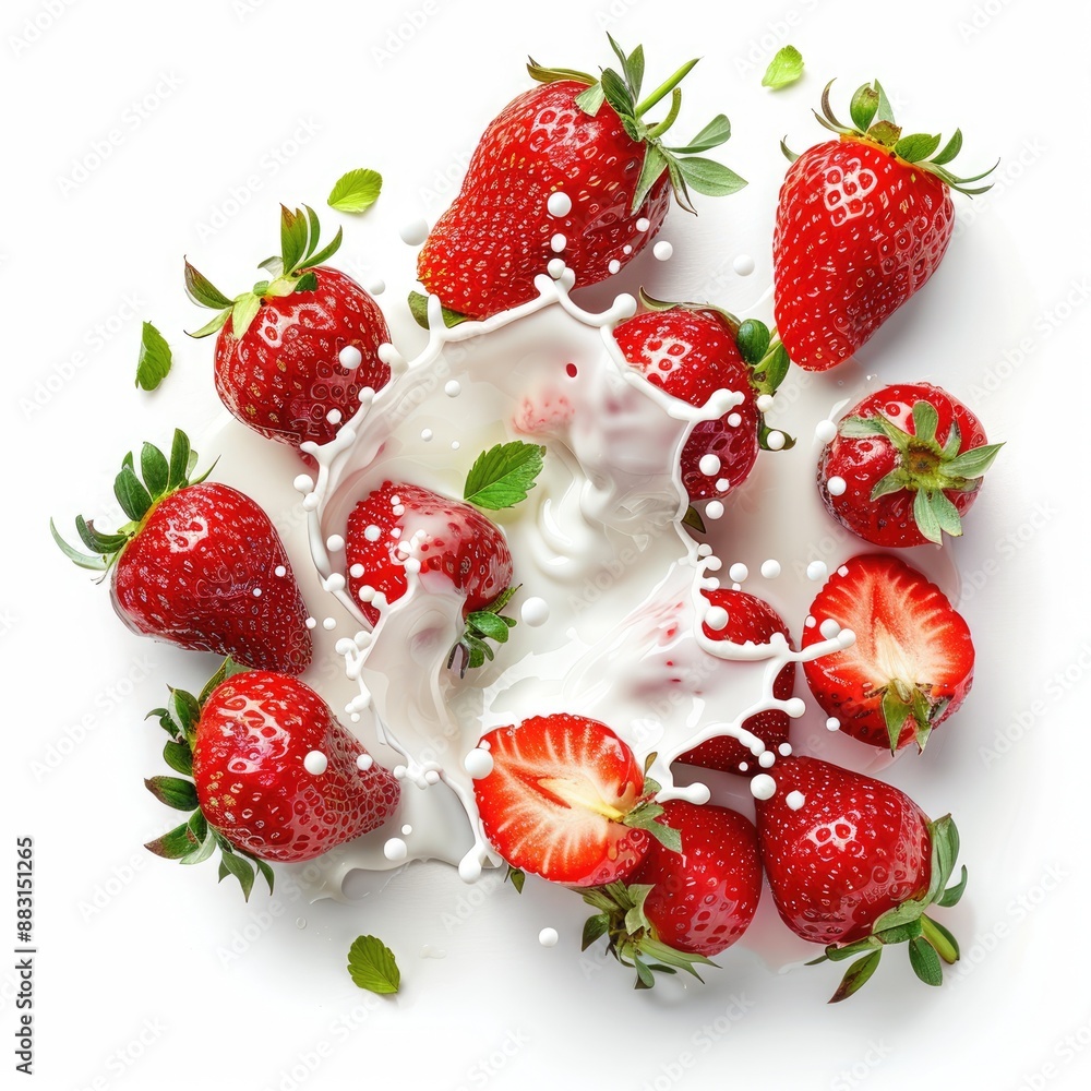 Fresh Strawberries Splashing in Creamy Milk Fresh Strawberries Splashing in Creamy Milk
