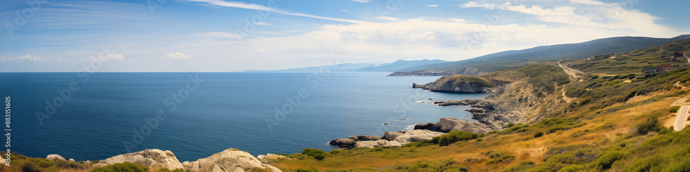 Wide panoramic photo of the ocean and rocky shore overgrown with grass and trees Wide panoramic photo of the ocean and rocky shore overgrown with grass and trees