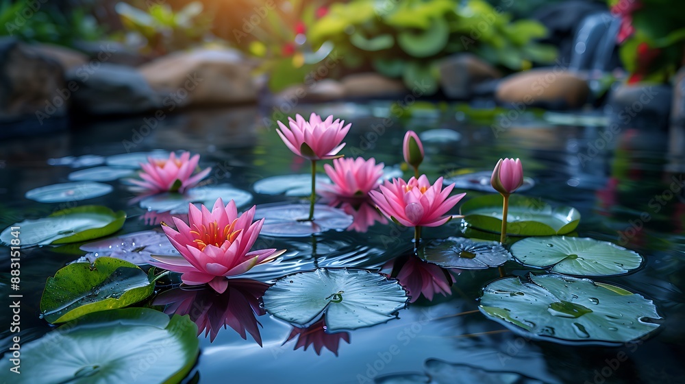 A picturesque garden pond, wide-angle view capturing the lily pads and colorful flowers around the water. The soft sunlight enhances the vibrant colors and reflections on the pond, A picturesque garden pond, wide-angle view capturing the lily pads and colorful flowers around the water. The soft sunlight enhances the vibrant colors and reflections on the pond,