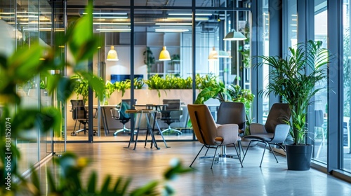 Modern Office Interior with Plants and Glass Walls.