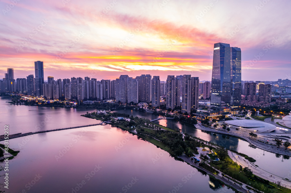 Fototapeta premium Aerial photography of Meixi Lake Park at night in Changsha, China
