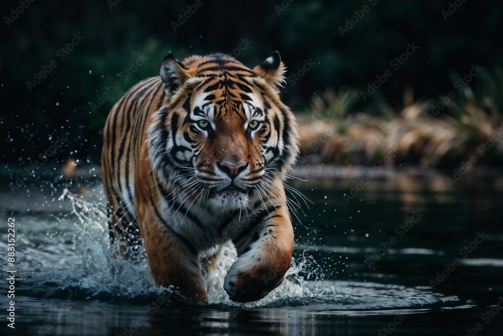 Experience the fierce beauty of a tiger with this striking wallpaper. Captured in action, the tiger strides through water, creating a dynamic splash that showcases its power and grace. Experience the fierce beauty of a tiger with this striking wallpaper. Captured in action, the tiger strides through water, creating a dynamic splash that showcases its power and grace.