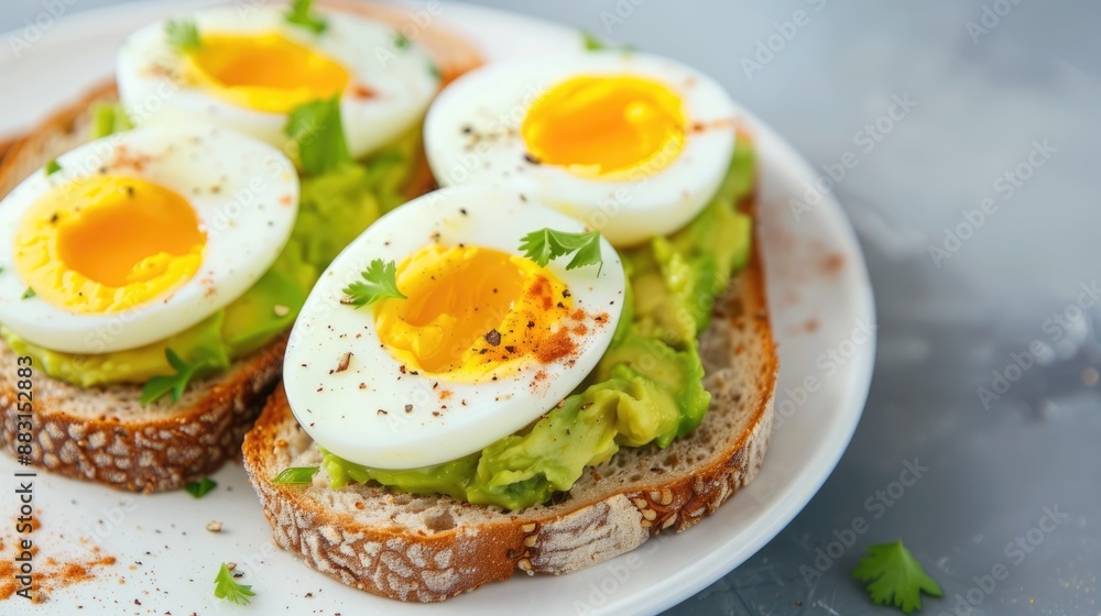 Delicious avocado toast with perfectly cooked soft-boiled eggs, garnished with parsley on a white plate. Healthy breakfast food. Delicious avocado toast with perfectly cooked soft-boiled eggs, garnished with parsley on a white plate. Healthy breakfast food.