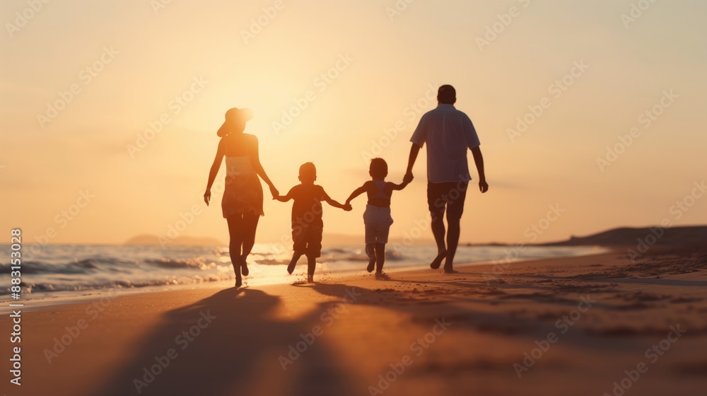Happy family of four walking on the beach at sunset, holding hands and enjoying a peaceful evening together. Happy family of four walking on the beach at sunset, holding hands and enjoying a peaceful evening together.