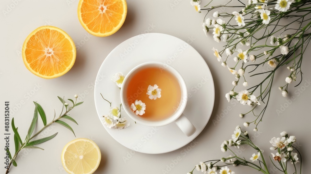Refreshing chamomile tea with slices of fresh orange and lemon, beautifully arranged with blooming chamomile flowers and green leaves. Refreshing chamomile tea with slices of fresh orange and lemon, beautifully arranged with blooming chamomile flowers and green leaves.
