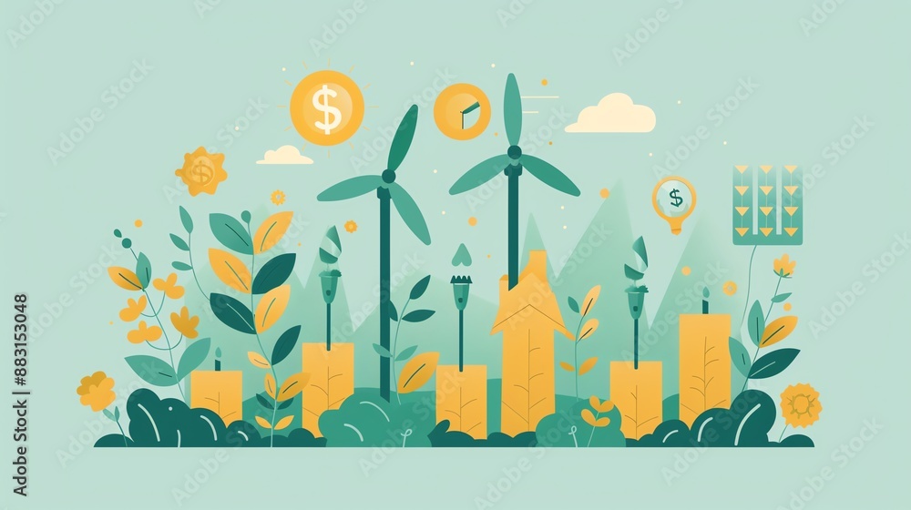 Illustration of sustainable energy with wind turbines, plants, and financial symbols, representing green investment and environmental growth. Illustration of sustainable energy with wind turbines, plants, and financial symbols, representing green investment and environmental growth.