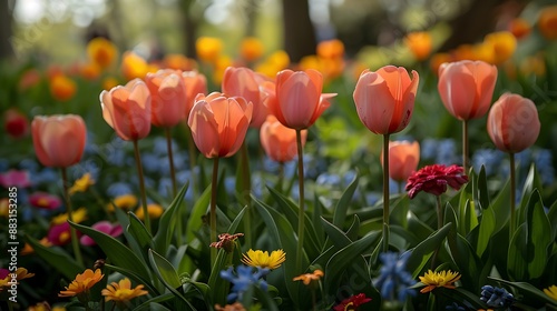 A picturesque spring garden, wide-angle view capturing the vibrant blooms of various flowers. The soft sunlight enhances the vivid colors and textures of the petals,