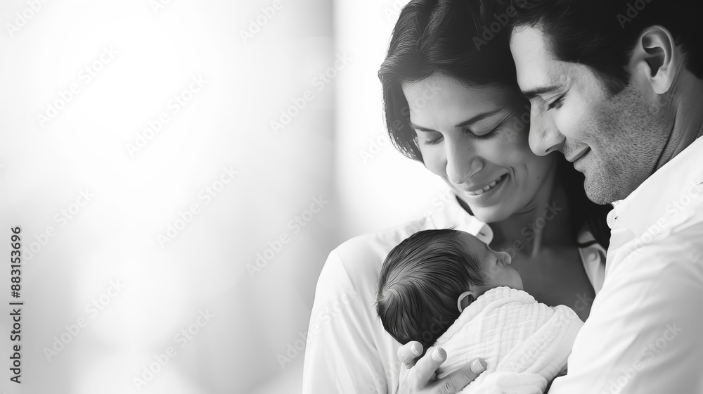 Loving family embracing newborn baby. Black and white photo depicting tenderness, happiness, and connection in parenthood. Loving family embracing newborn baby. Black and white photo depicting tenderness, happiness, and connection in parenthood.