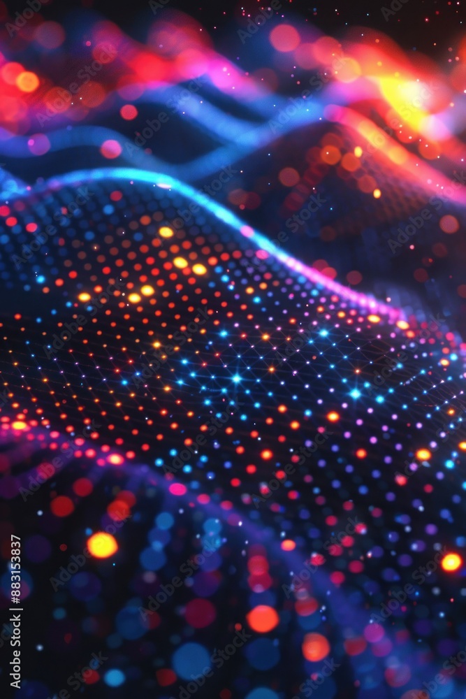 A digital surface with a wave pattern, dotted with glowing colorful lights, set against a dark background A digital surface with a wave pattern, dotted with glowing colorful lights, set against a dark background