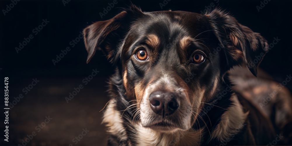 Close Up Portrait of a Black and Brown Dog Wearing a Leather Collar With a Tag. Generative AI Close Up Portrait of a Black and Brown Dog Wearing a Leather Collar With a Tag. Generative AI