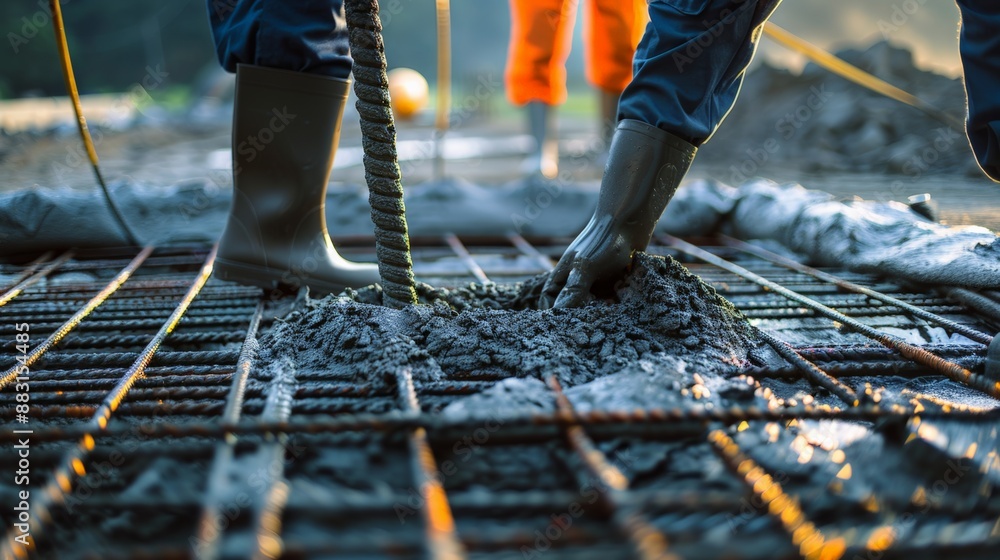 Construction workers are pouring cement in structural engineering. Construction workers are pouring cement in structural engineering.