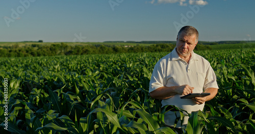 Farmer using a tablet, standing in the distance among green corn