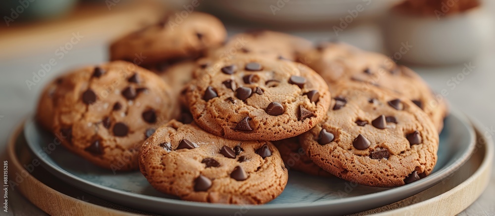 Freshly Baked Chocolate Chip Cookies on a Plate in a Cozy Kitchen Setting Freshly Baked Chocolate Chip Cookies on a Plate in a Cozy Kitchen Setting
