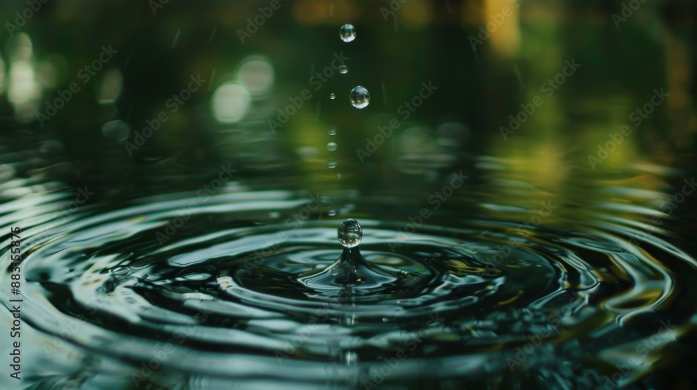 A series of water droplets falling into a serene pond, captured in slow motion to emphasize tranquility. A series of water droplets falling into a serene pond, captured in slow motion to emphasize tranquility.