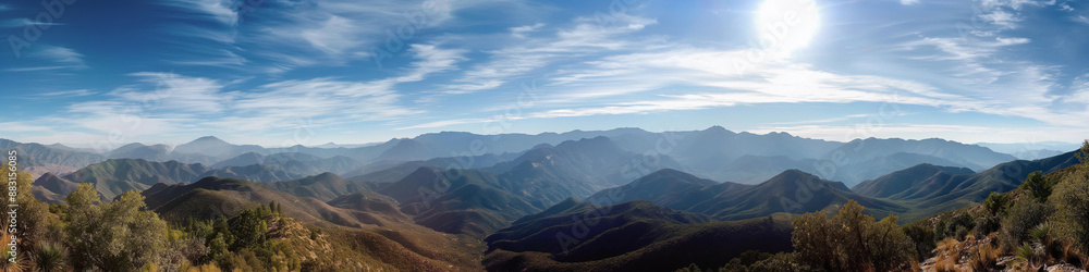 Wide panoramic photo of the mountains against the blue sky Wide panoramic photo of the mountains against the blue sky