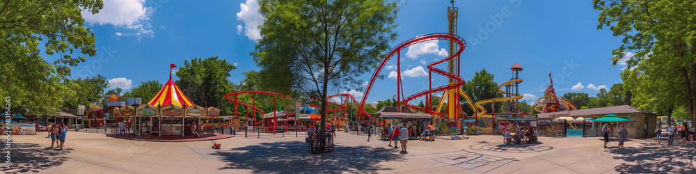 Wide panoramic photo of the amusement park Wide panoramic photo of the amusement park