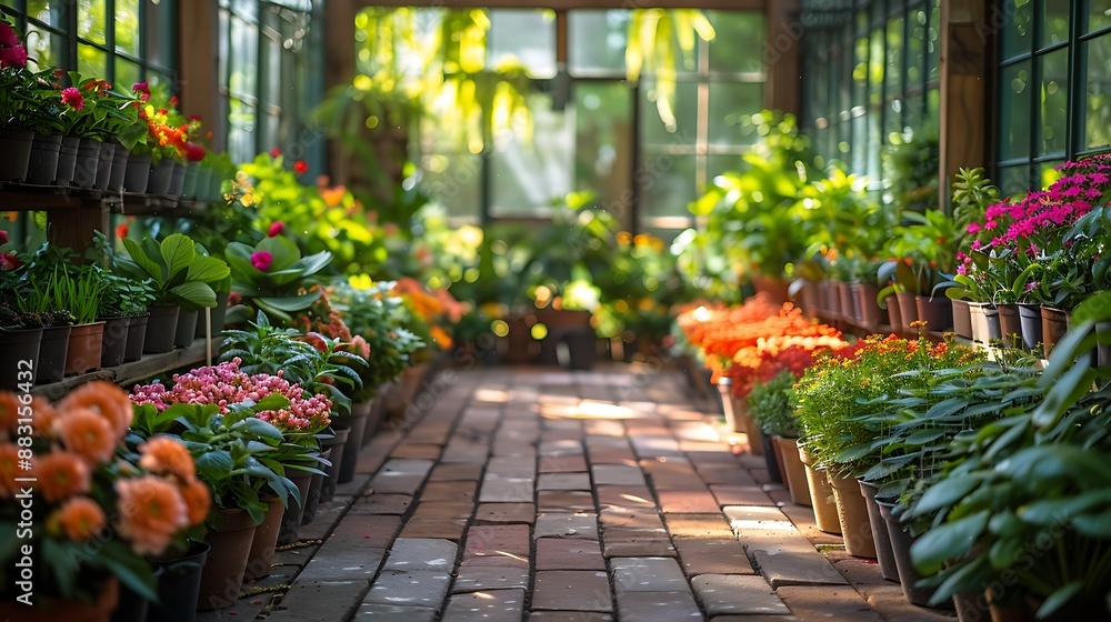 A serene greenhouse scene, wide-angle shot showing a variety of healthy plants thriving in a well-organized space. The soft natural light enhances the vibrant greens and colorful blossoms, A serene greenhouse scene, wide-angle shot showing a variety of healthy plants thriving in a well-organized space. The soft natural light enhances the vibrant greens and colorful blossoms,