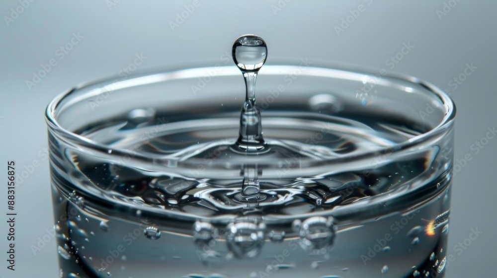 A single water droplet falling into a clear glass of water, causing a tiny splash and concentric ripples. A single water droplet falling into a clear glass of water, causing a tiny splash and concentric ripples.