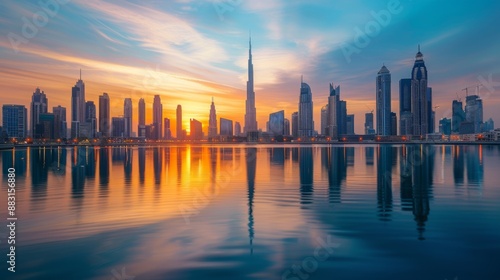 A skyline of towering skyscrapers reflecting in the calm waters of a river at sunset. © Plaifah