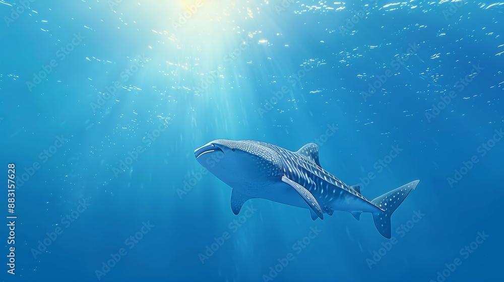 Obraz premium A solitary whale shark, the largest fish in the sea, gliding peacefully through clear blue ocean waters.