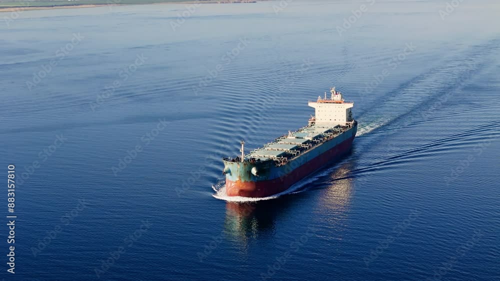 Aerial front view of Bulk cargo carrier ship for carrying dry cargo cruising across the sea Aerial front view of Bulk cargo carrier ship for carrying dry cargo cruising across the sea