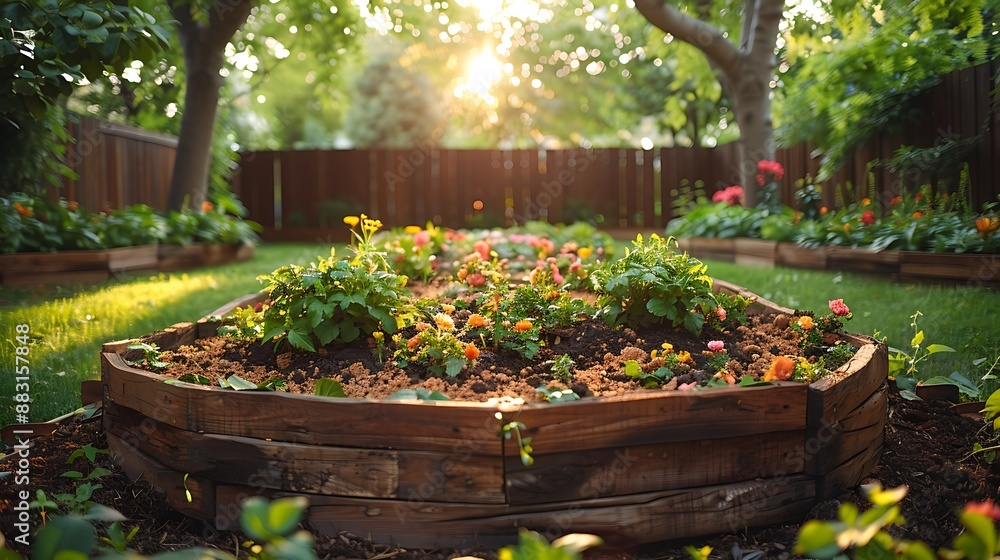 A tranquil garden setup, wide-angle view showing a compost bin filled with rich, dark soil and garden waste. The natural light enhances the textures and colors of the compost, A tranquil garden setup, wide-angle view showing a compost bin filled with rich, dark soil and garden waste. The natural light enhances the textures and colors of the compost,