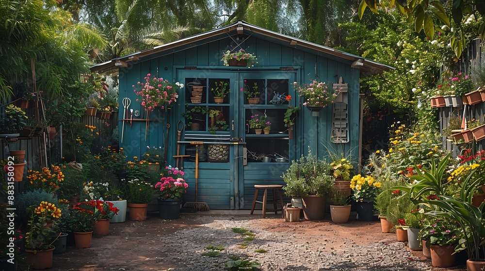 Fototapeta premium A tranquil garden setup, wide-angle view showing an inviting shed with tools and potted plants arranged around it. The natural light enhances the vibrant colors and textures of the plants,