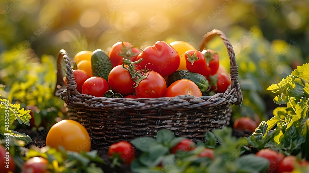 A tranquil vegetable harvest scene, wide-angle view showing a basket overflowing with fresh produce. The bright, natural colors of the vegetables are highlighted by the warm sunlight, A tranquil vegetable harvest scene, wide-angle view showing a basket overflowing with fresh produce. The bright, natural colors of the vegetables are highlighted by the warm sunlight,
