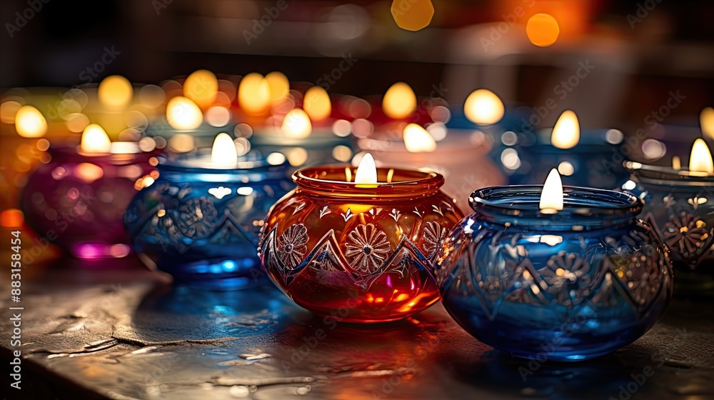A variety of handcrafted diyas painted in vibrant hues and adorned with glittering sequins displayed on a table as decorative pieces for Diwali celebrations. A variety of handcrafted diyas painted in vibrant hues and adorned with glittering sequins displayed on a table as decorative pieces for Diwali celebrations.