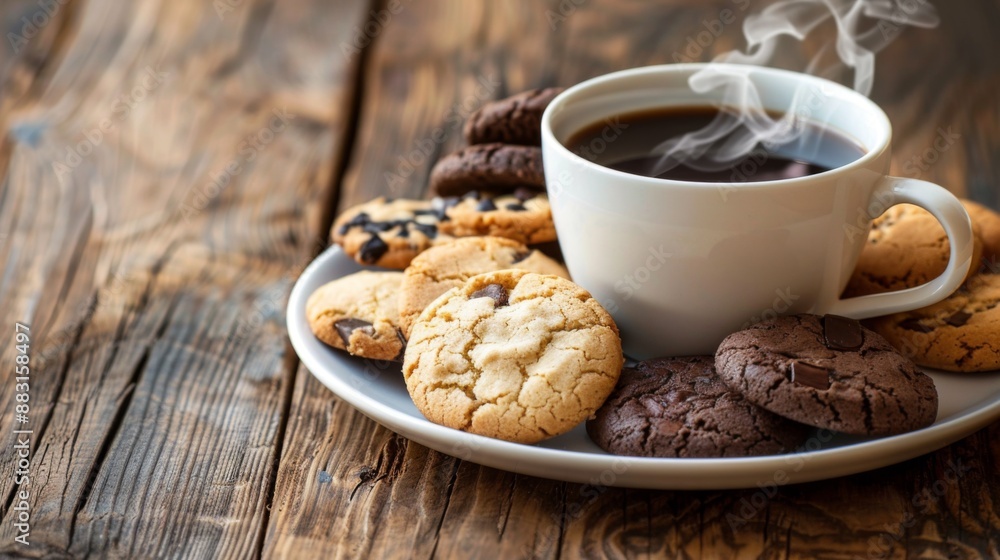 A steaming cup of coffee and a plate of assorted cookies on a rustic wooden table. A steaming cup of coffee and a plate of assorted cookies on a rustic wooden table.