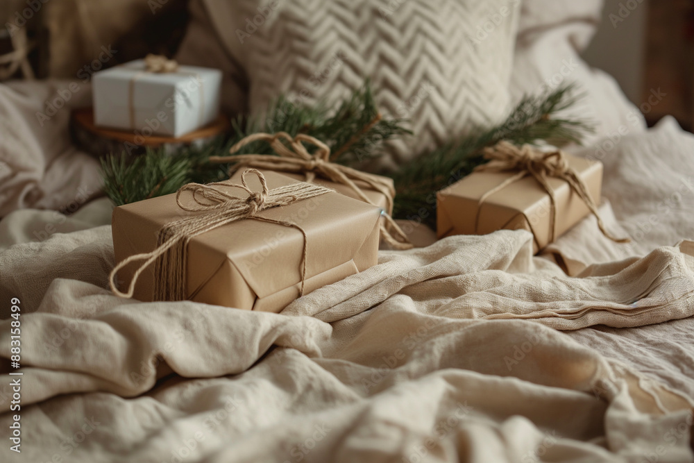 christmas gift boxes placed on the bed christmas gift boxes placed on the bed