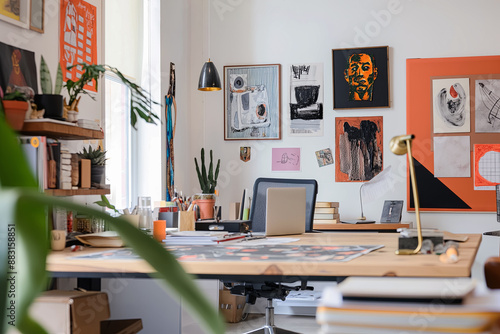 Detailed shot of a creative workspace with a designer desk lamp, a plant, and unique art pieces on the wall