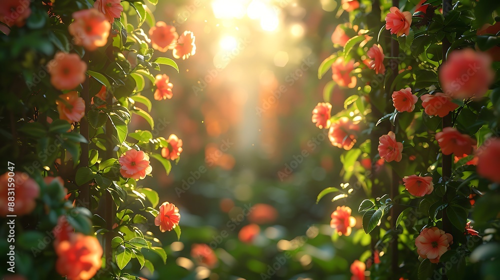 A wide-angle shot of a beautiful garden trellis covered in vibrant climbing plants. The soft sunlight filters through the leaves, A wide-angle shot of a beautiful garden trellis covered in vibrant climbing plants. The soft sunlight filters through the leaves,
