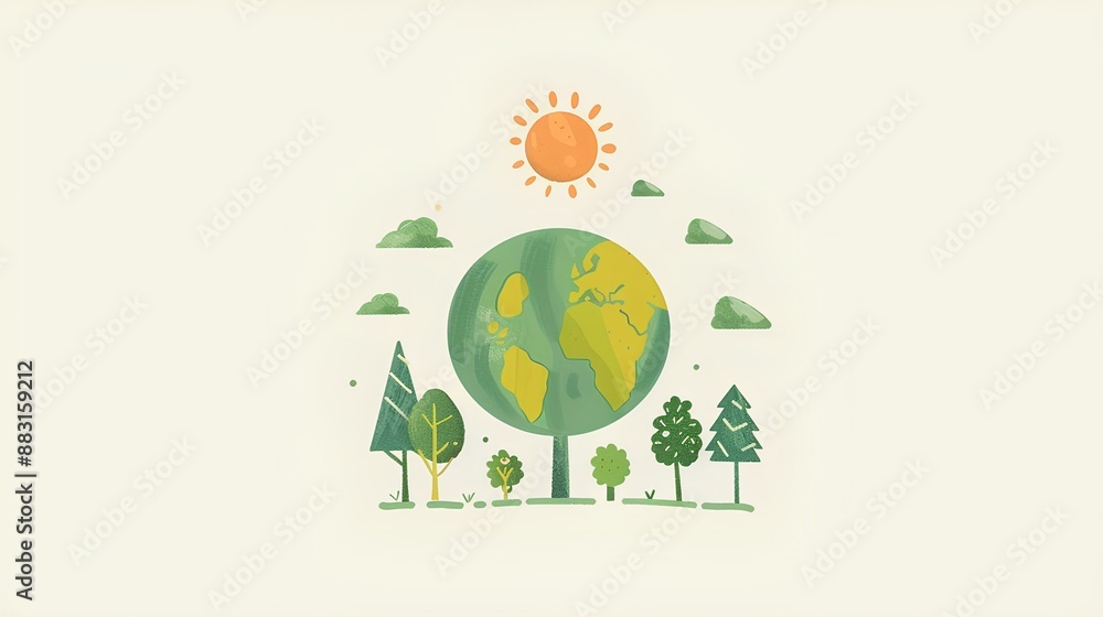 Cute cartoon style with a simple background showing the sun and trees on earth. A watercolor hand drawn suitable for a children's book in a pastel color palette. A minimalist Cute cartoon style with a simple background showing the sun and trees on earth. A watercolor hand drawn suitable for a children's book in a pastel color palette. A minimalist