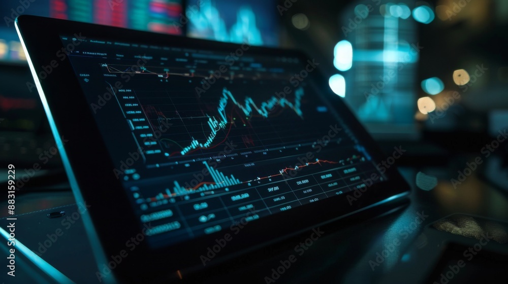 A tablet showing a real-time stock market graph with fluctuating lines and data points. A tablet showing a real-time stock market graph with fluctuating lines and data points.