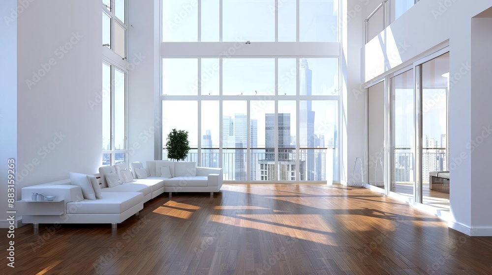 Fototapeta premium Modern high-rise interior with floor-to-ceiling windows, white decor, and city skyline view. Spacious and bright living space with wooden floors.