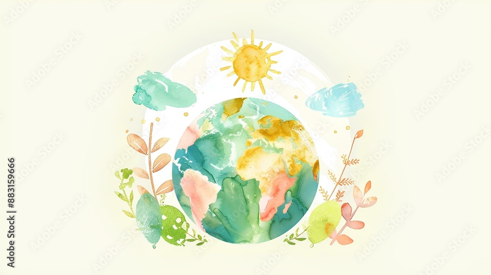 Naklejka premium Cute cartoon style with a simple background showing the sun and trees on earth. A watercolor hand drawn suitable for a children's book in a pastel color palette. A minimalist