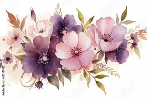 Watercolor autumn bouquet made of flowers and leaves isolated