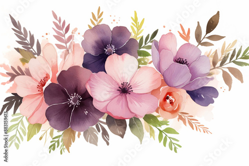 Watercolor autumn bouquet made of flowers and leaves isolated
