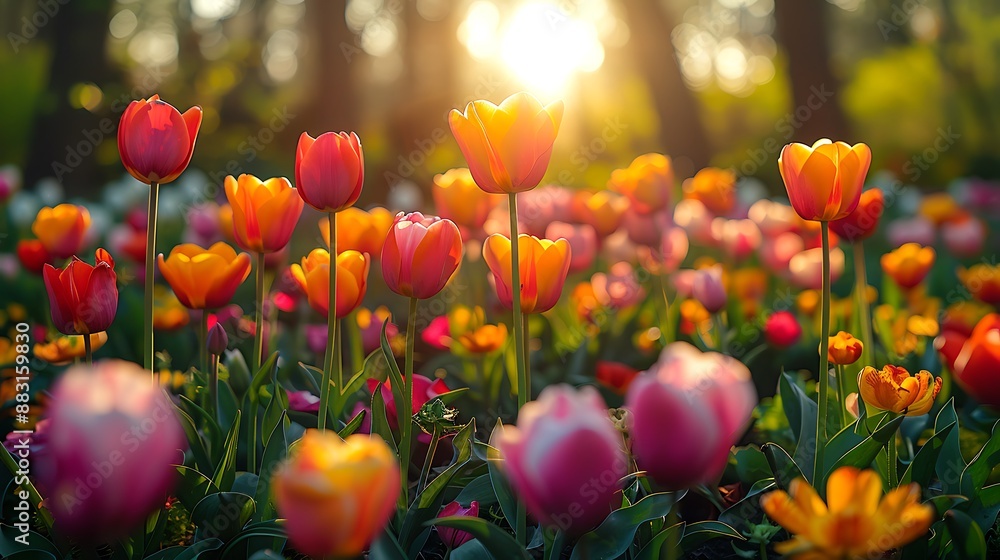 A wide-angle shot of a garden in full bloom during spring, featuring vibrant flowers of various colors. The soft sunlight illuminates the petals, creating a lively and cheerful atmosphere. A wide-angle shot of a garden in full bloom during spring, featuring vibrant flowers of various colors. The soft sunlight illuminates the petals, creating a lively and cheerful atmosphere.