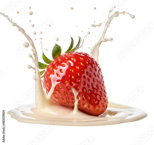Ripe strawberry splashing into a creamy white liquid against a white background. Perfect for food, beverage, or health-related content.