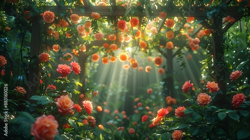 A wide-angle shot of a garden trellis covered in climbing plants. The sunlight filters through the leaves, casting gentle shadows and highlighting the vibrant colors and textures of the flowers. photo