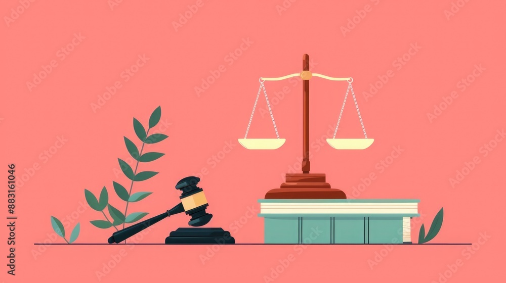 Illustration of justice symbols including a gavel, scales, and law books on a coral background symbolizing legal concepts. Illustration of justice symbols including a gavel, scales, and law books on a coral background symbolizing legal concepts.