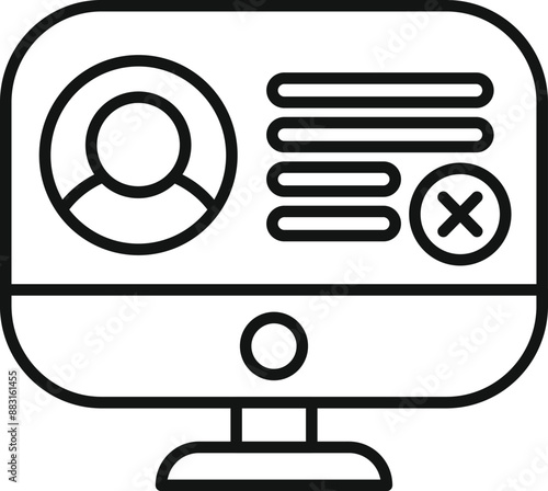 Computer monitor displaying a user profile with a prominent cross mark, indicating the action of deleting the account