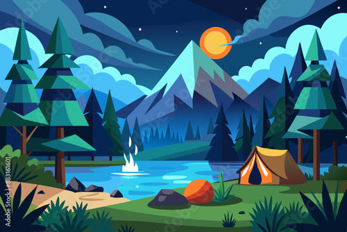 Mountain night camping. Cartoon forest landscape with lake, tent and campfire, sky with moon. Hiking adventure, nature tourism vector scene stock illustration