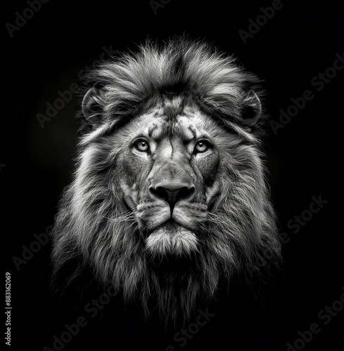 black and white portret of a male lion his face; front view